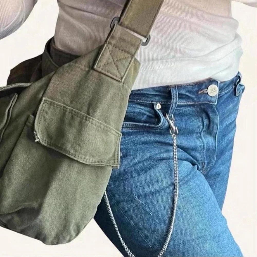 Unisex Khaki Canvas Crossbody / Shoulder  Bag - Large Capacity - New